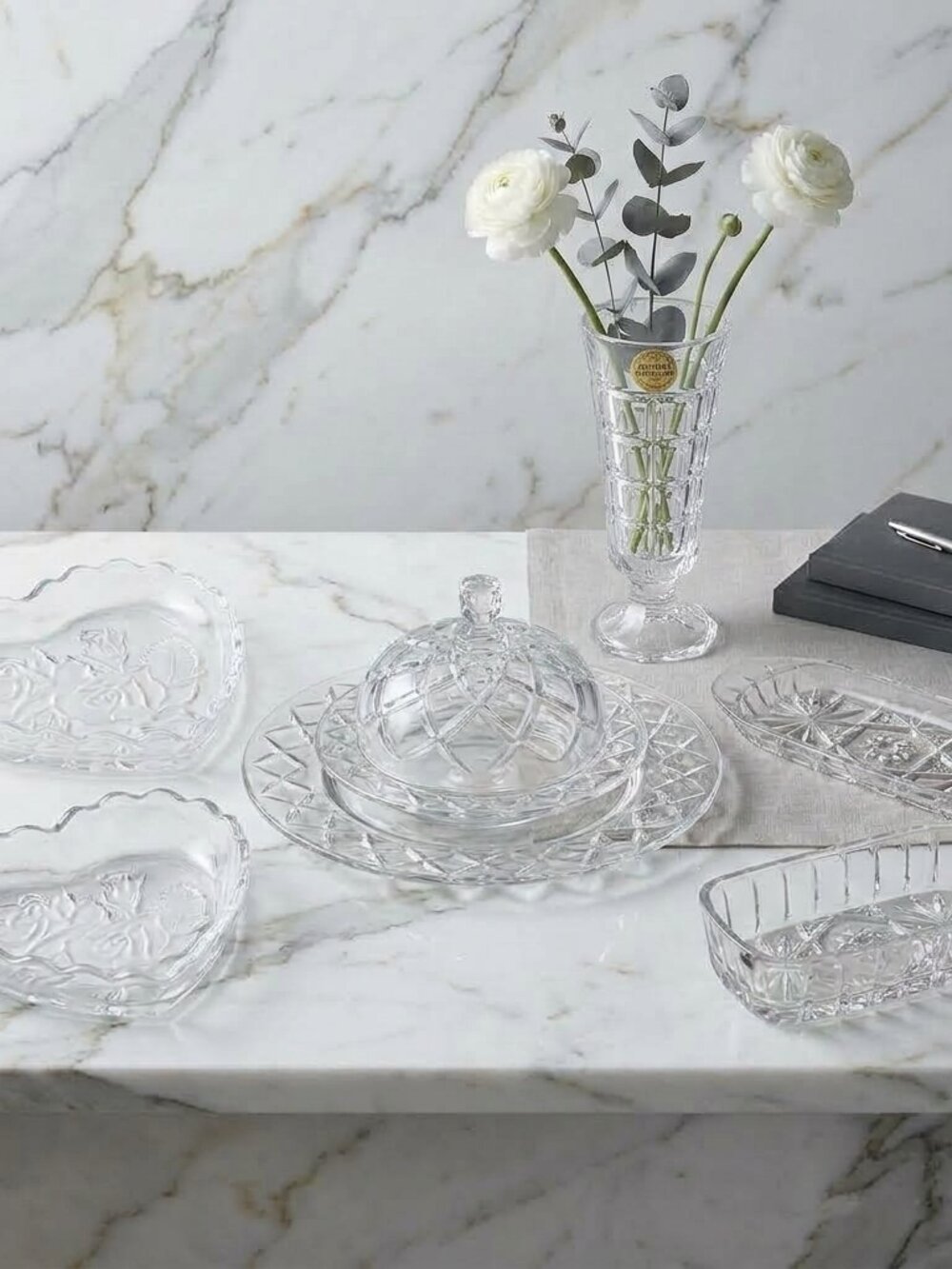 NWT 8 Pieces Full Lead Crystal Wares, Dish With Cover, Bowl, Tray, Plate & Vase